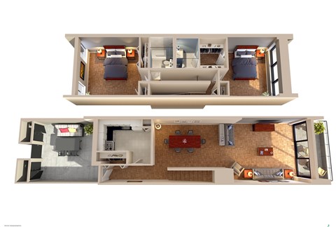 A top and bottom floor plan of a house with a bedroom, living room, kitchen, and bathroom.